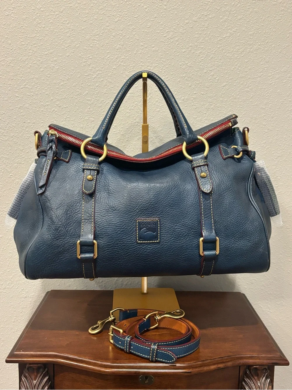 Dooney & Bourke Florentine Large Satchel Denim Blue with Red Interior